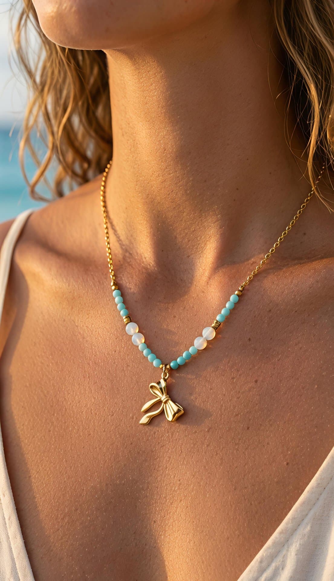 Aqua Beaded Bow Necklace