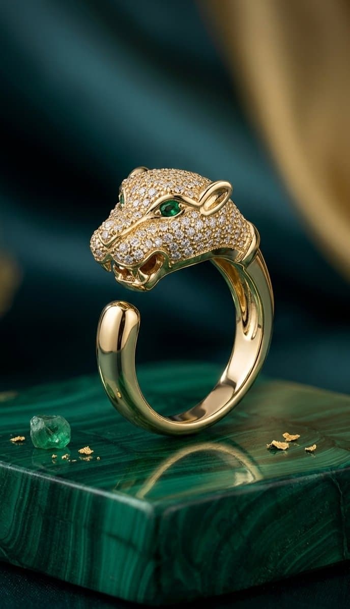 Panther Head Diamond Emerald Ring